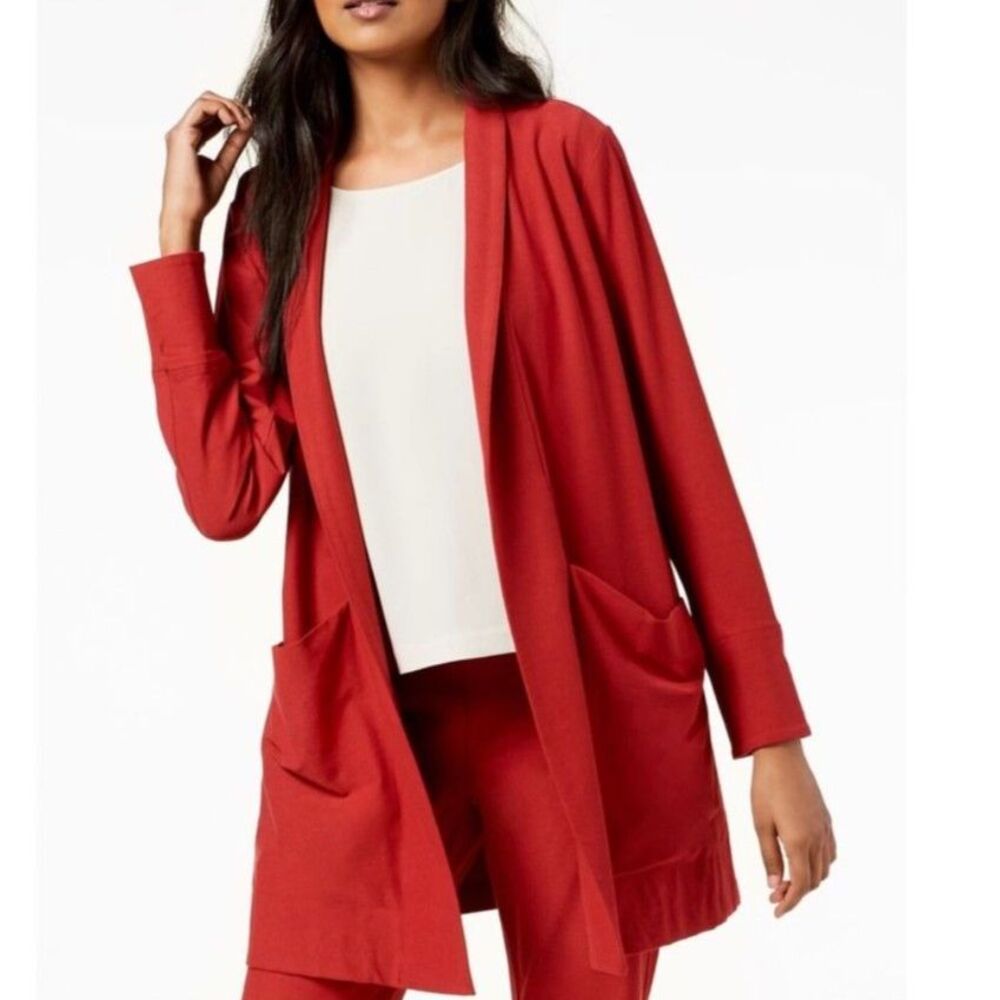 Eileen Fisher NWOT Orange-Red Relaxed Fit Open Front Shawl Collar Cardigan Sz XS